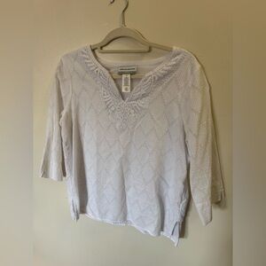 Alfred Dunner White Crochet V-Neck Textured Blouse
